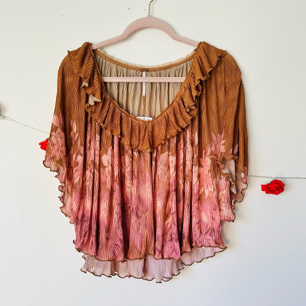 Free People Rust and Blush Floral Pleated V-Neck Top - Picture 5 of 8